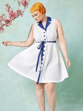 Modcloth White Eyelet Mini Dress with Navy Collar